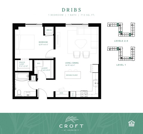 Floor plan for 1 bed, 1 bath, 713 sqft